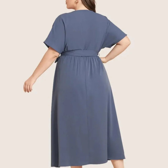 BloomChic Plain Dolman Sleeve Pocket Belted Surplice Neck Flutter Dress - Picture 2 of 5